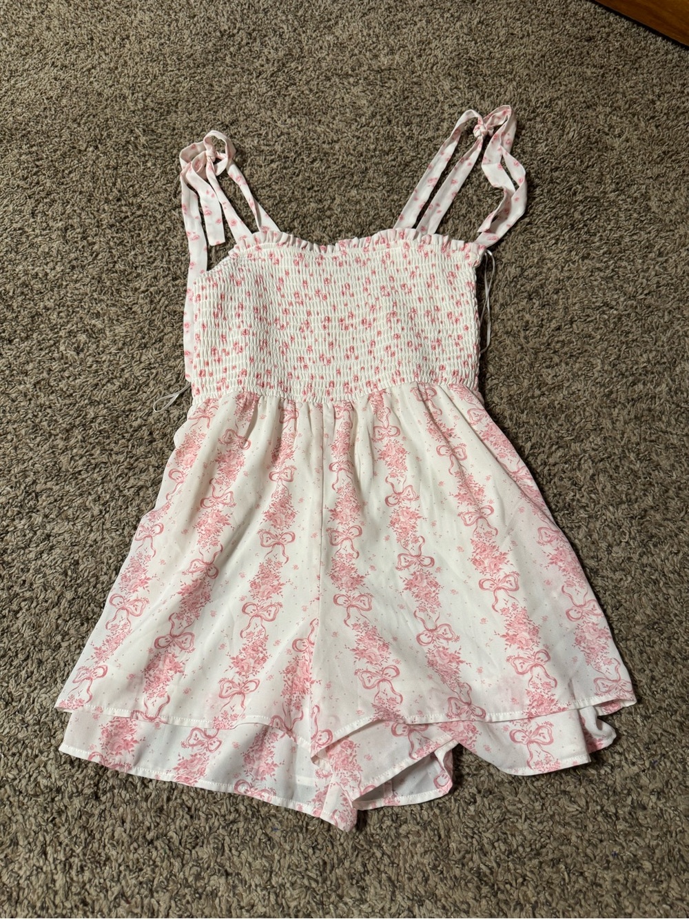 Francesca's Collections White and Pink Smocked Romper